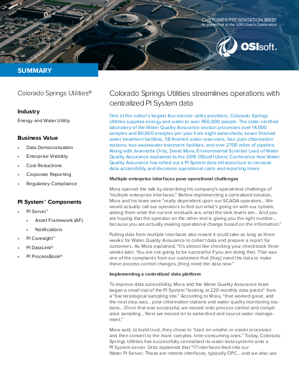Colorado Springs Utilities streamlines operations with centralized PI System data