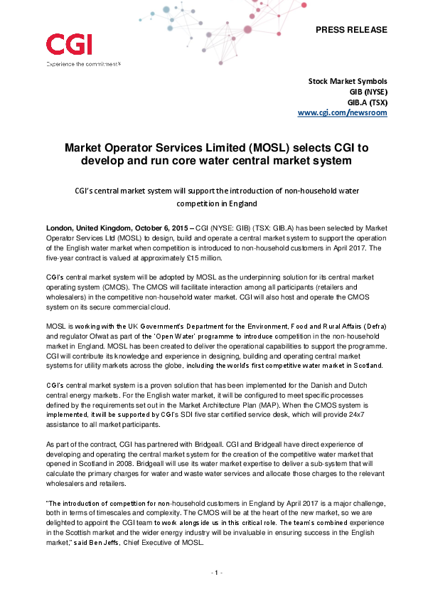 Market Operator Services Limited (MOSL) selects CGI to develop and run core water central market system